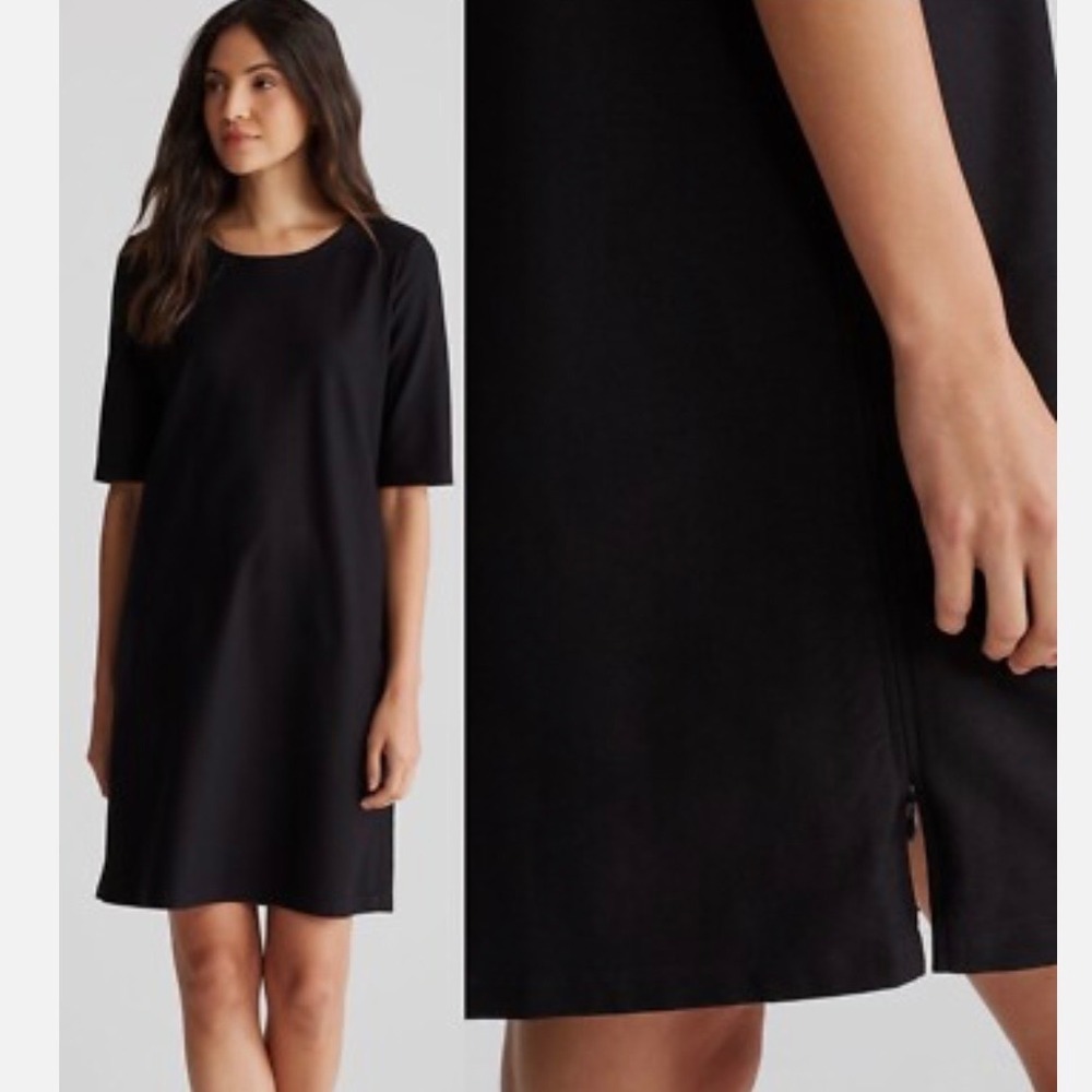 Eileen Fisher Black Washable Knit Stretchy Shift Zip Sides Elbow Sleeve Dress XS